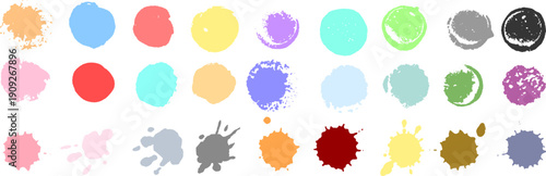 カラフルな丸型ペイントスプラッシュとインクしぶきの抽象テクスチャ素材セット｜手描き風ブラシ跡と飛沫表現が映えるポップでアートな背景装飾コレクション