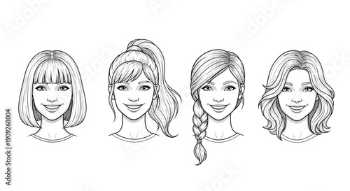 Diverse Hairstyles: Four Women's Portraits Showing Different Haircuts and Styles