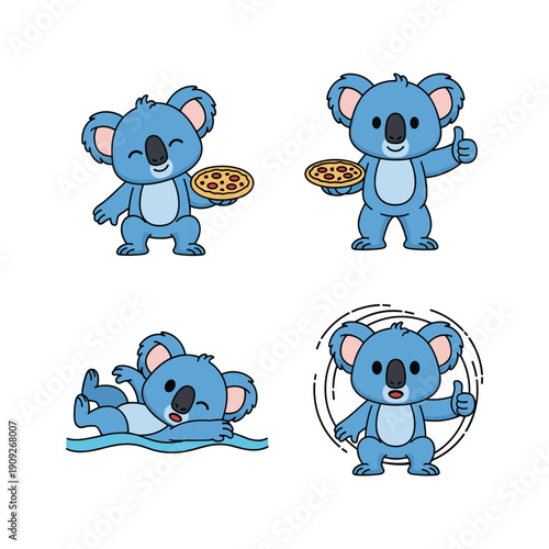 Cartoon koala characters with pizza and thumbs up gesture in various poses