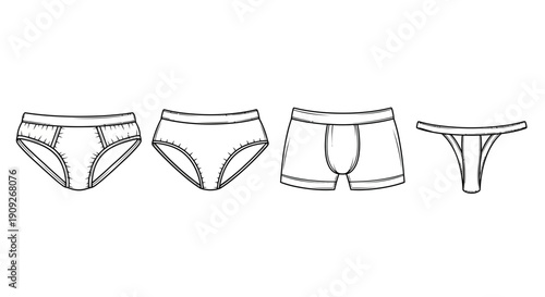 Diverse Underwear Styles: Briefs, Bikini, Boxer, Thong - Line Art Collection