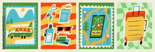 Travel Diary Card Set With Suitcase Passport Stickers And Vibrant Vacation Lifestyle Elements