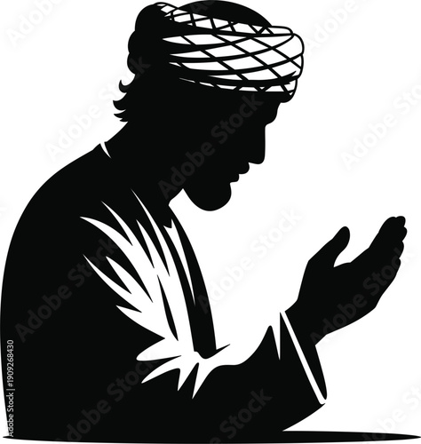 Muslim man praying silhouette with turban, Islamic religious worship and spiritual devotion scene