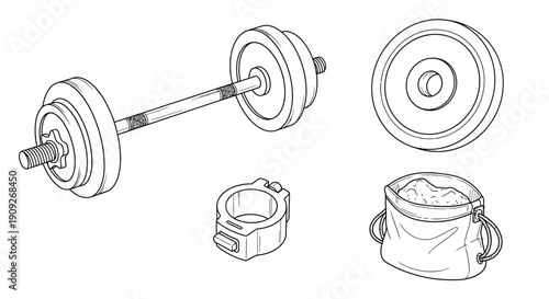 Barbell Weights, Collars, and Weight Plate with Bag of Sand - Fitness Equipment Line Art