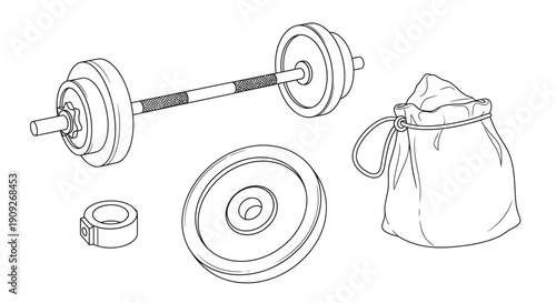 Barbell Weights Set with Chalk Bag and Collars - Fitness Equipment Illustration