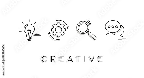 Creative Process Icons: Lightbulb, Gears, Magnifying Glass, Chat Bubbles with Text "CREATIVE"