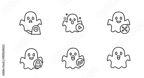 Cute Ghost Icons Set: Emotions, Actions, and Symbols for Digital Content