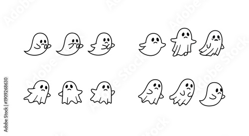 Cute Ghost Icons Set: Happy, Sad, Scared, and Playful Cartoon Characters