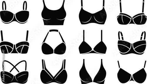 Silhouette illustration of twelve different bra styles including sports, halter, crisscross, and decorative strap designs arranged in grid layout for fashion, lingerie, and clothing design