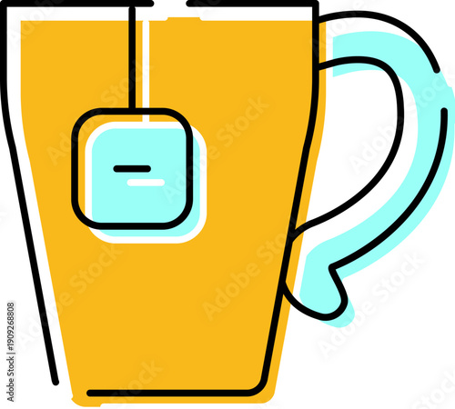 Warm yellow mug with a light blue teabag steeping a hot infusion, representing comfort, breakfast, and morning rituals, conveying relaxation and a cozy start to the day