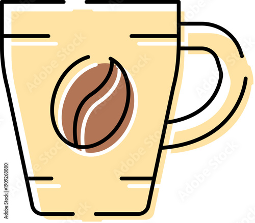 Coffee mug with a prominent coffee bean motif, creating an icon for beverage, morning, and caffeine concepts, suitable for digital design and web elements