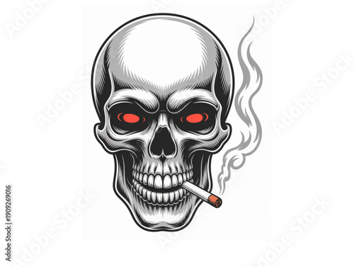 Menacing skull with glowing red eyes smoking a cigarette, stylized vector illustration for edgy streetwear design
