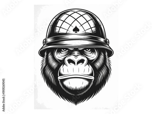 Angry gorilla head mascot wearing military soldier helmet with ace of spades icon