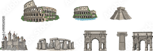 Ancient historical monuments collection famous landmarks ruins architecture heritage illustration isolated on light background travel culture history detailed vector set