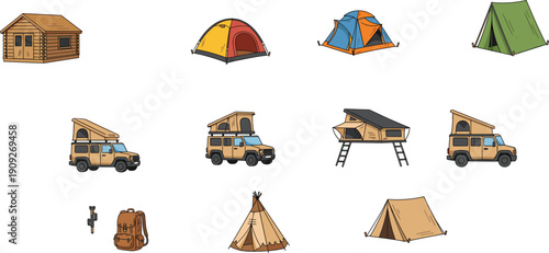Camping adventure collection featuring tents camper vehicles cabin backpack outdoor travel equipment vector illustration isolated tourism exploration recreational lifestyle set