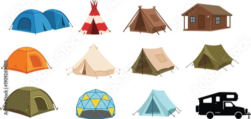 Camping shelter collection illustration featuring tents, teepee, cabin, caravan camper, outdoor adventure equipment set isolated travel tourism graphic artwork