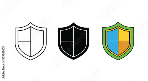 Collection of three distinct shield icons representing concepts of protection security and digital defense in various styles