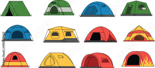 Camping tent collection illustration, outdoor shelter equipment set, colorful travel campsite tents isolated, adventure hiking gear design for tourism concept