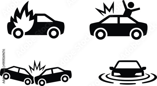 Car accident icons illustration, vehicle collision crash symbols, insurance risk warning graphics, traffic safety emergency concepts, isolated black vector set