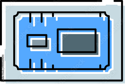 Blue admission ticket or long rectangular event pass icon with perforations at the top and bottom, featuring a subtle shadow effect and rounded border corners