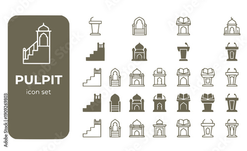 Pulpit Minbar Mosque-Pulpit Islamic-Pulpit Sermon-Stand Minbar-Steps Prayer-Podium Vector Icon Set - Mosque Minbar