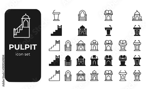 Pulpit Minbar Mosque-Pulpit Islamic-Pulpit Sermon-Stand Minbar-Steps Prayer-Podium Vector Icon Set - Mosque Minbar