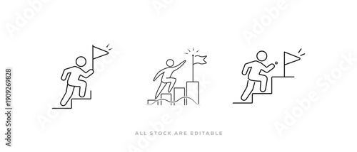 Climbing Toward Success and Achievement Line Icon. progress step, goal, stick figure, Stair, Flag and Growth vector Outline Icon. Vector Illustration