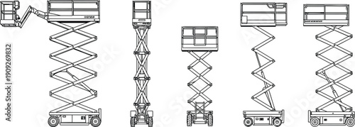 Scissor Lift Platform Set Vector Technical Drawing For Construction Engineering And Industrial Maintenance Work