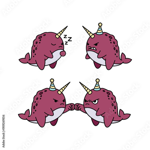 Narwhals fighting and sleeping with unicorn horns in a cartoonish style
