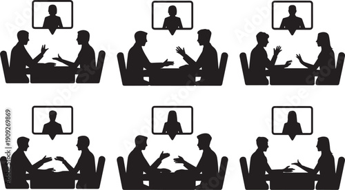 Black silhouette of people sitting in chairs and talking with other people on screens
