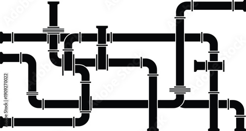 Black, and, white, industrial, pipeline, system, vector, illustration, plumbing, engineering, network, hardware, pipes
