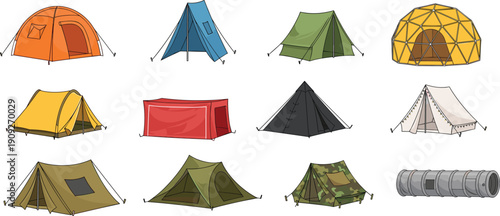 Collection of camping tents various styles outdoor shelter equipment travel adventure camping illustration isolated on light background clean design