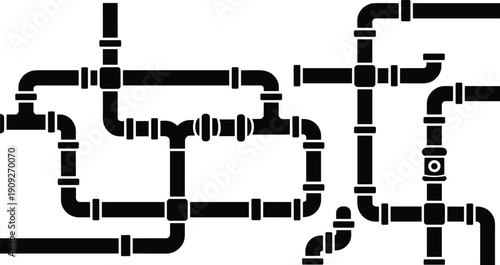 Black, and, white, industrial, water, plumbing, pipe, system, vector, illustration, isolated, construction, icon