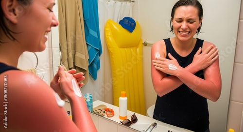 Comical bathroom scene  person grimacing while applying lotion to their sunburned arms