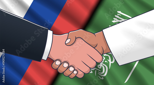 Vector politico economic poster. Wavy flags of Russian Federation and Saudi Arabia. Handshake, deal. Relations between countries.