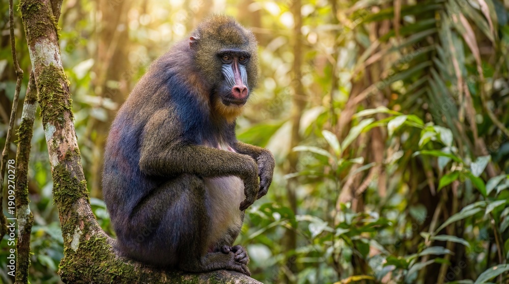 Obraz premium Mandrill Monkey Sitting on Tree Branch in Lush Green Jungle Rainforest