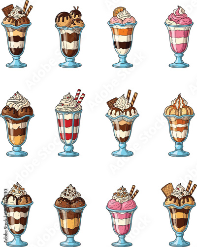 Collection of colorful ice cream sundaes illustration featuring assorted dessert glasses, sweet toppings, frozen treats, menu design isolated artwork set