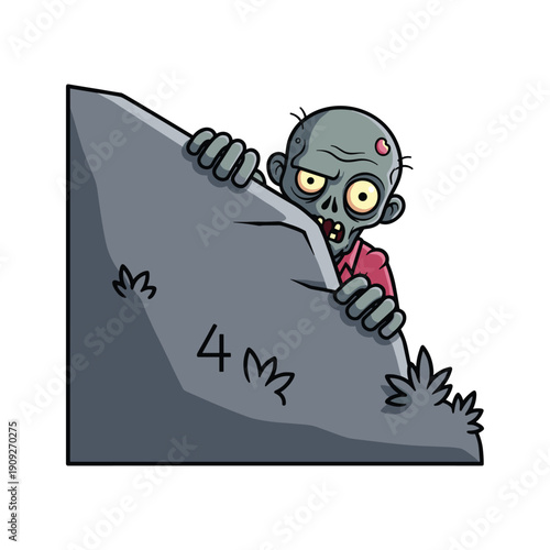 Zombie climbing a steep cliff with a frightened expression in a cartoon style