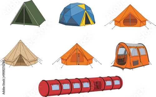 Collection of diverse camping tents illustration showcasing modern outdoor shelters, glamping structures, expedition gear concepts isolated on white background design