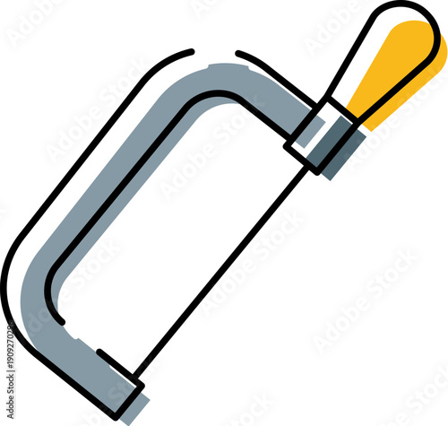 Hacksaw tool with a yellow handle and grey frame, cutting through various materials during repair, engineering, or handyman projects, illustrating craftsmanship