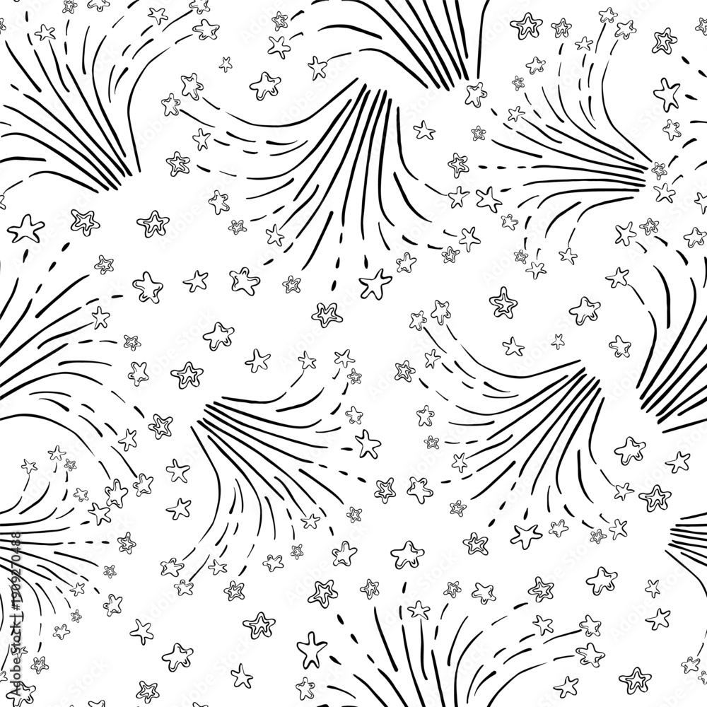 Fototapeta premium Seamless pattern with fireworks and salutes. Sketch-style vector illustration for book design, coloring books, children's interiors, greeting cards, events, and fabric printing.