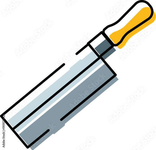 Kitchen cleaver with sharp steel blade and yellow handle, essential culinary tool for chopping meat, vegetables and fruits on a cutting board in professional or home kitchens