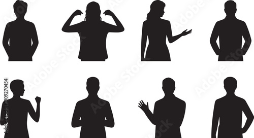 Black silhouettes of people in various poses white background