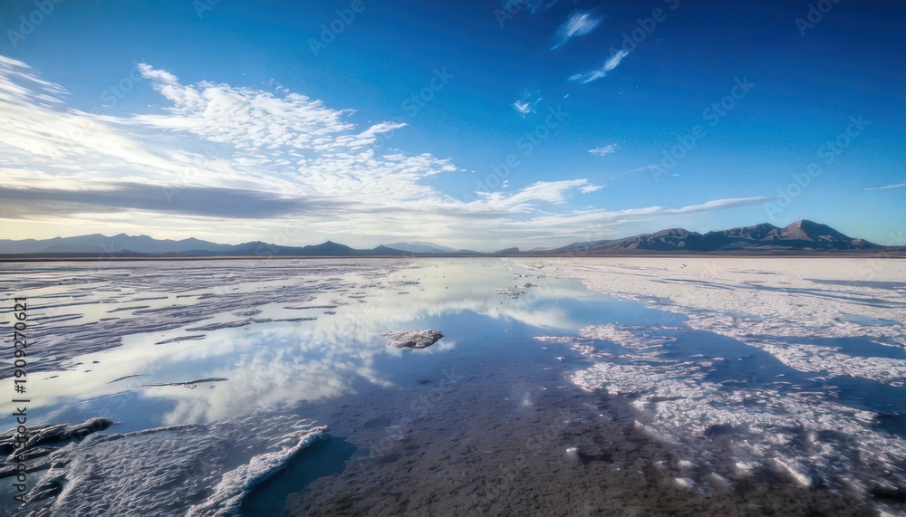 Fototapeta premium Vast Salt Flats Reflecting Dramatic Clouds Under a Wide Blue Sky.