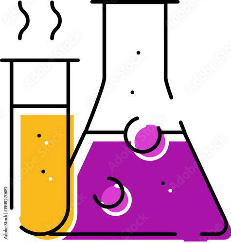 Chemistry lab glassware, including a test tube with yellow liquid producing steam and an erlenmeyer flask with bubbling purple liquid, symbolizing scientific research, experiments, and education