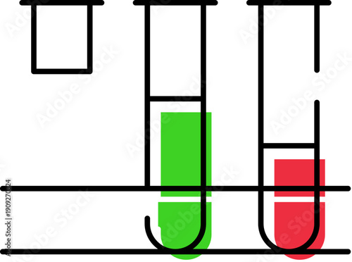 Test tubes with vivid green and red liquids in a lab rack, representing scientific research, chemical analysis, medical testing and biotechnology innovation in a simple icon style
