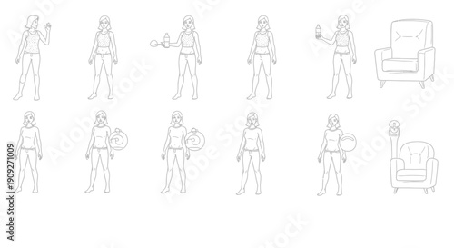 Woman Poses with Furniture and Objects: Lifestyle Line Art Collection