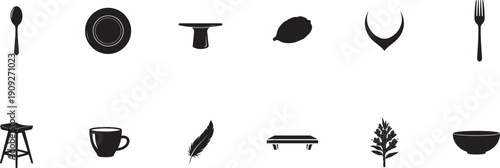 Black silhouettes of kitchen and dining items on white background
