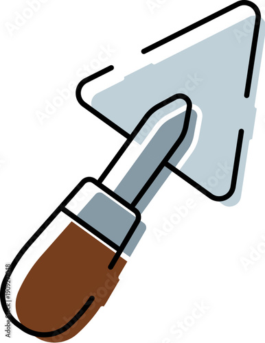 Pointing trowel tool featuring a gray blade and brown handle, forming an icon style illustration for construction, masonry, or renovation projects on a white background