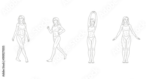 Woman's Fitness Poses: Walking, Stretching, Standing - Line Art Illustration