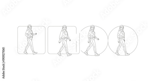 Woman Walking Animation Cycle Frames in Square and Circle Borders